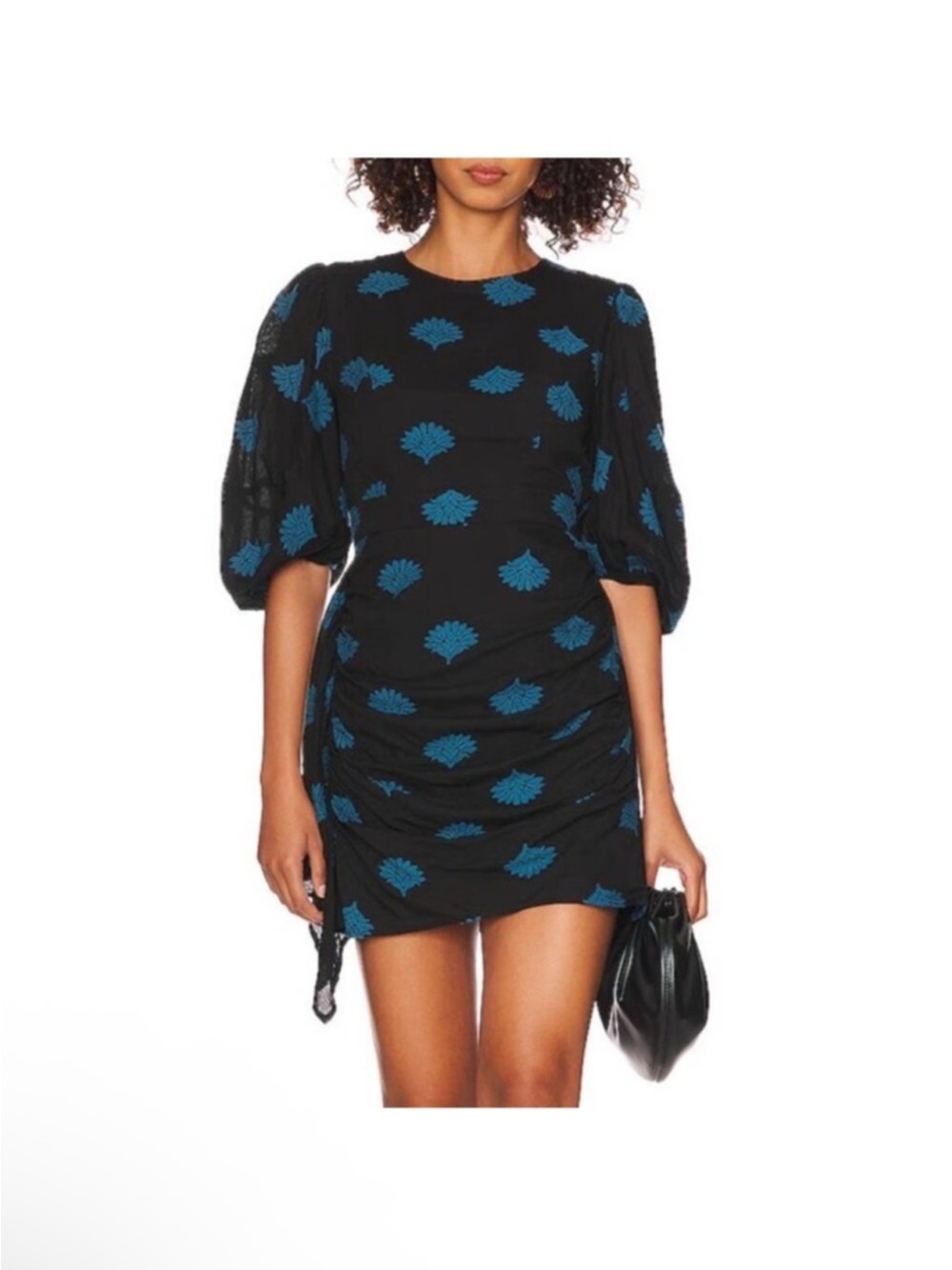 Rhode Pia Mini Dress in‎ Black Blue Fan Clip Jacquard Puff Sleeves